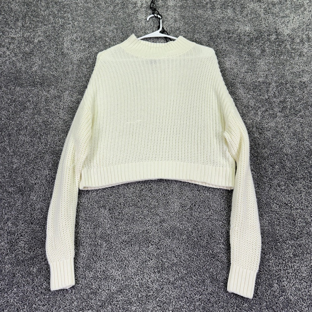 Divided Sweater Womens Small White Mock Neck Open Knit Cropped Pullover Top - Picture 1 of 9